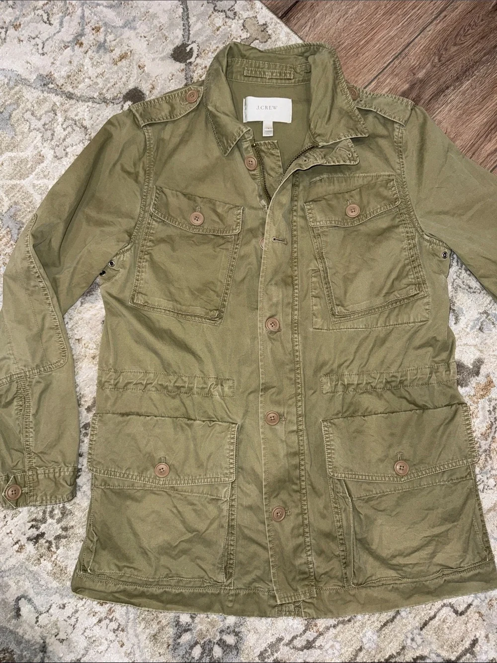JCrew Utility Jacket Military Style Olive Green Large Cotton Button Up Pockets